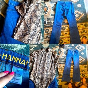 Cruel girl bareback jeans. Flare bottoms! With bodysuit snakeskin print